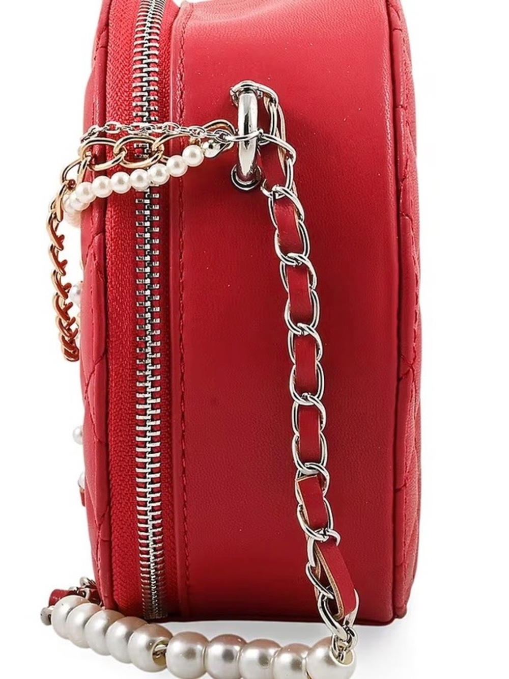 Badgley Mischka Diamond Quilted Round Crossbody Bag in red & silver w/pearls NWT - Picture 4 of 6